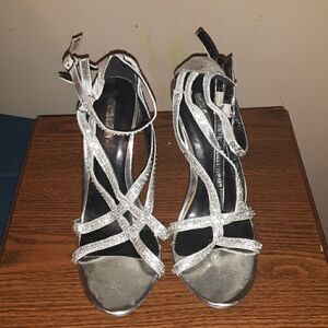 CELESTE SILVER RHINESTONE STRAPPY HEELS 7.5